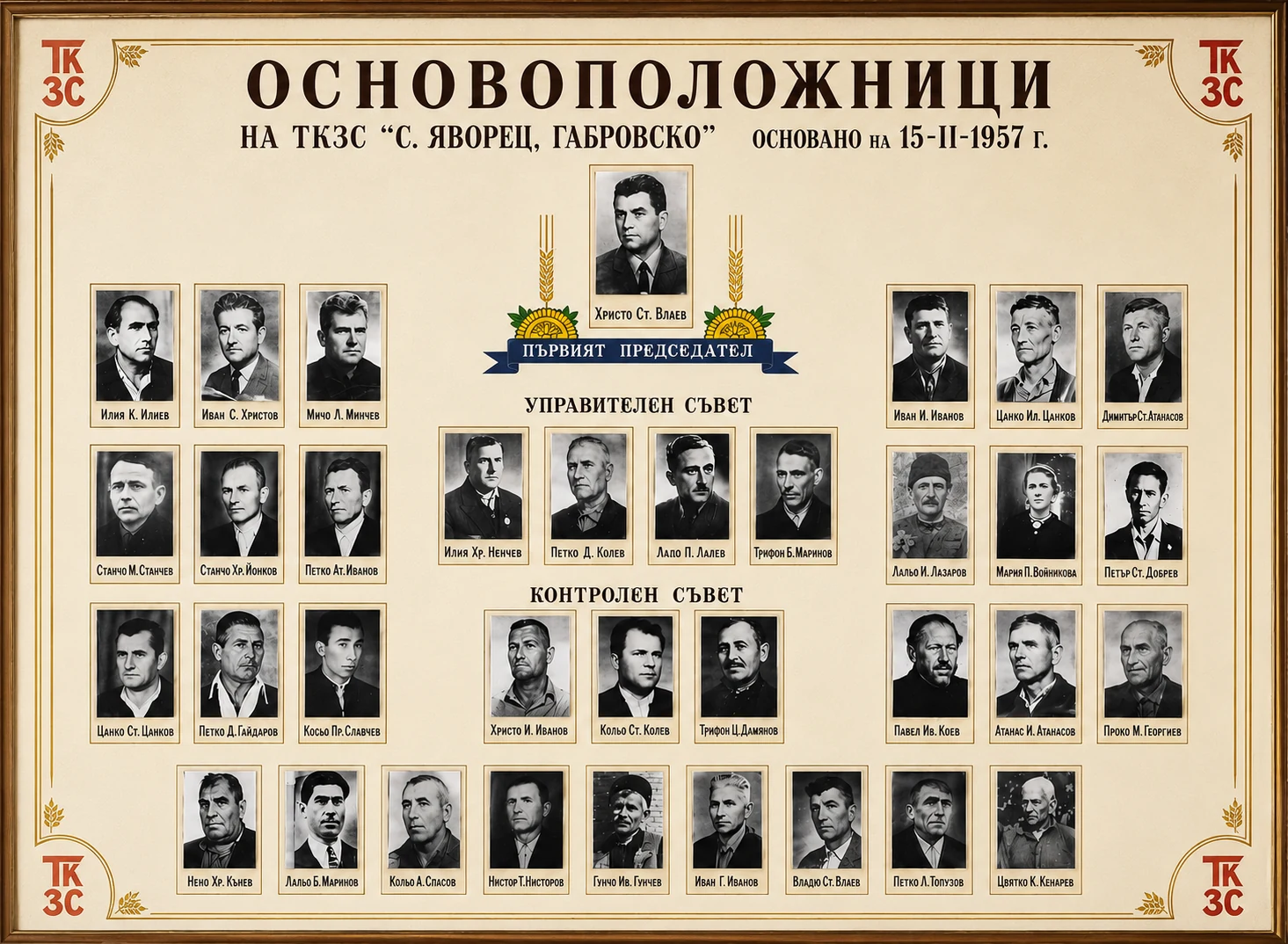 Възпоменателна табела на основоположниците на ТКЗС „с. Яворец, Габровско“ — председател, управителен и контролен съвет и редовите основатели